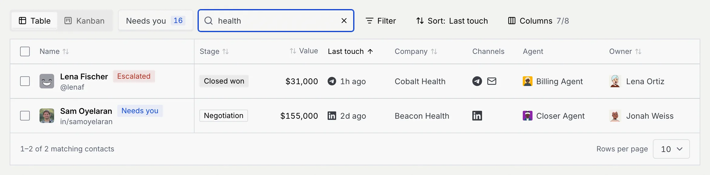The Contacts toolbar with “health” in the search field and two matching contacts: Lena Fischer at Cobalt Health and Sam Oyelaran at Beacon Health