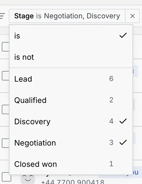 A filter chip's menu with is and is not, then the stages with counts, Discovery and Negotiation ticked
