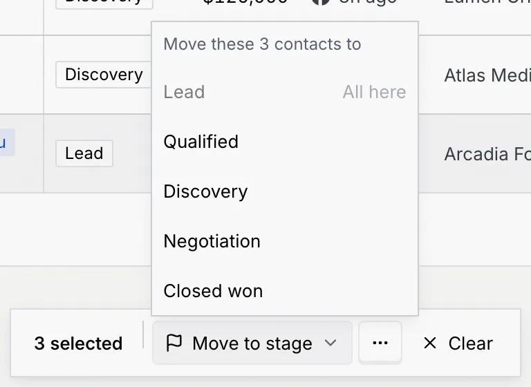The Move to stage menu: Move these 3 contacts to, with Lead greyed out as All here, then Qualified, Discovery, Negotiation and Closed won