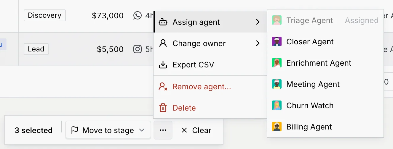 The bulk actions menu with Assign agent open on the list of live agents (Triage Agent marked Assigned), plus Change owner, Export CSV, Remove agent and Delete