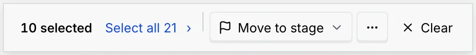 The bulk bar with 10 selected and the Select all 21 link