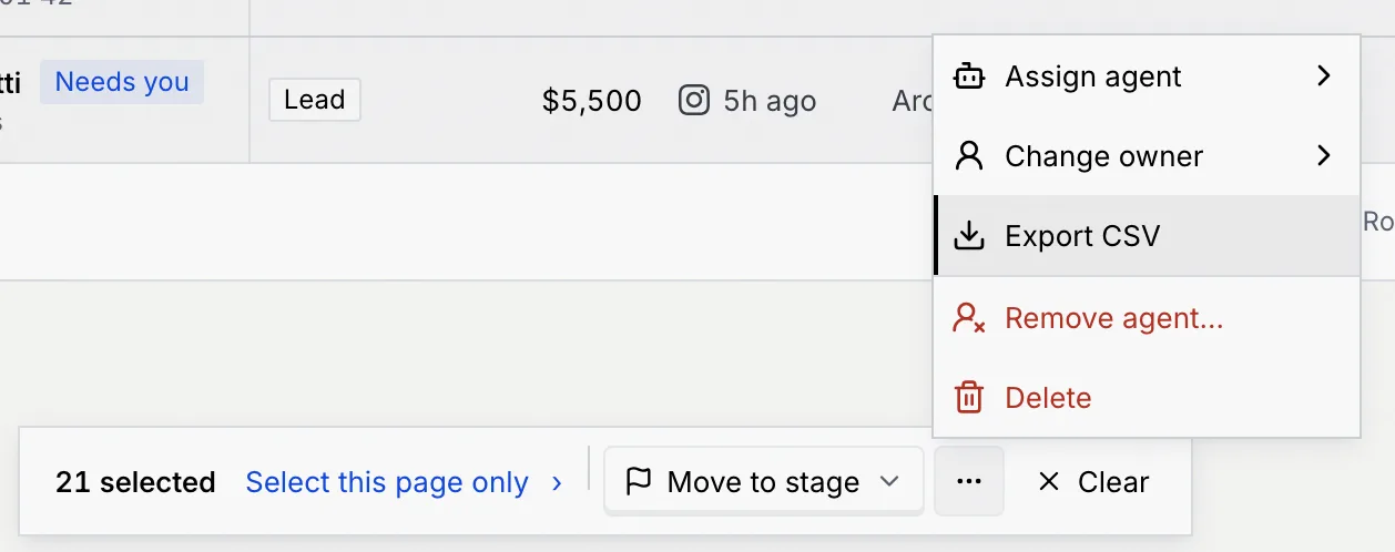 The bulk bar with 21 selected and its menu open, Export CSV highlighted