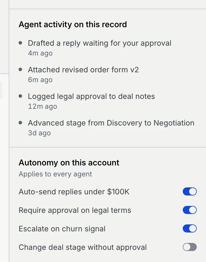 Agent activity on this record with four recent actions, and Autonomy on this account with its four switches