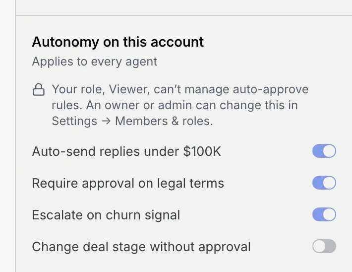 Autonomy on this account seen by a Viewer: a lock line explains the role can't change it, and the four switches are read-only