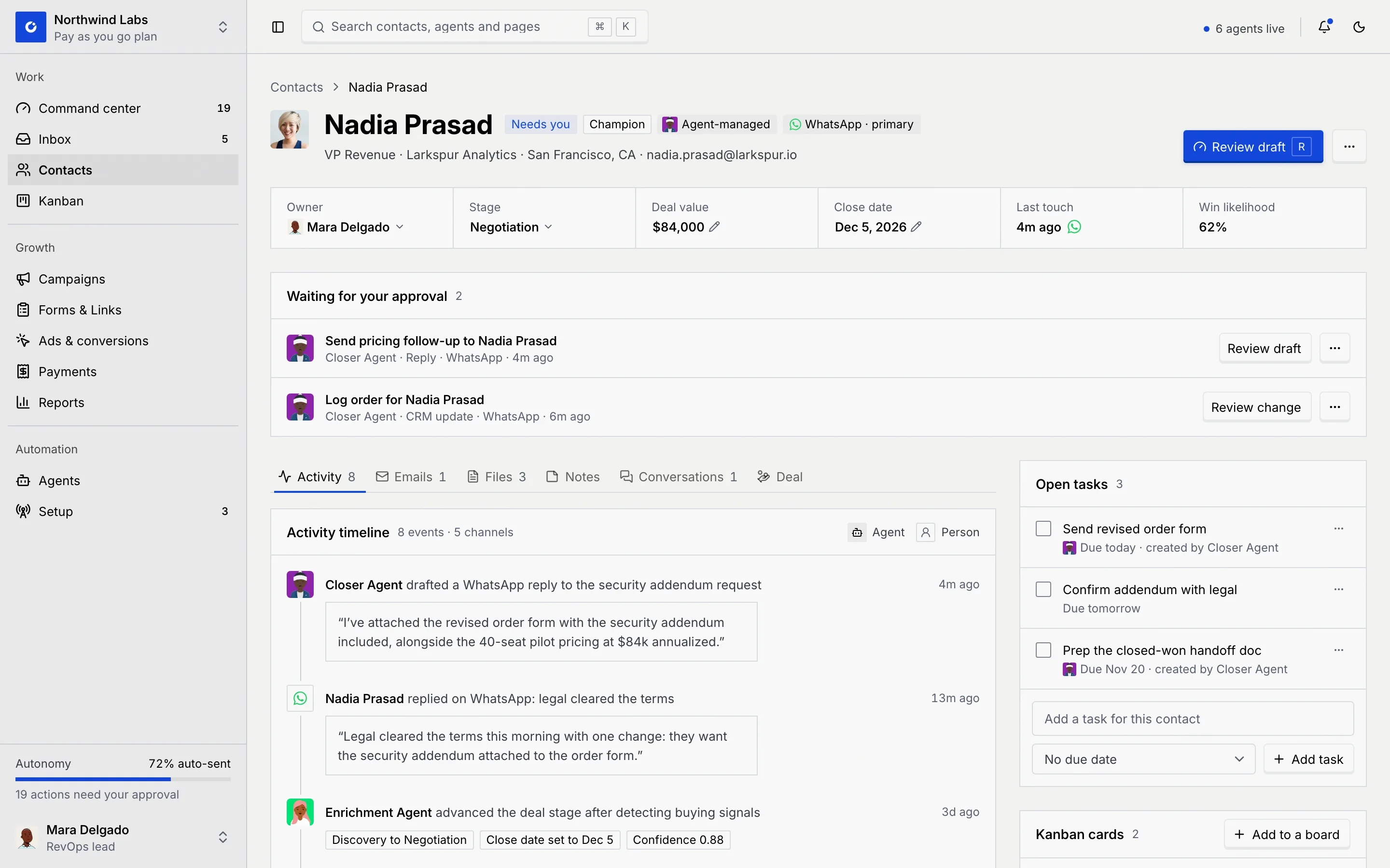 Nadia Prasad's record: the header with badges and Review draft, the deal summary strip, Waiting for your approval with two items, the Activity timeline and the side panels Open tasks, Kanban cards and Details