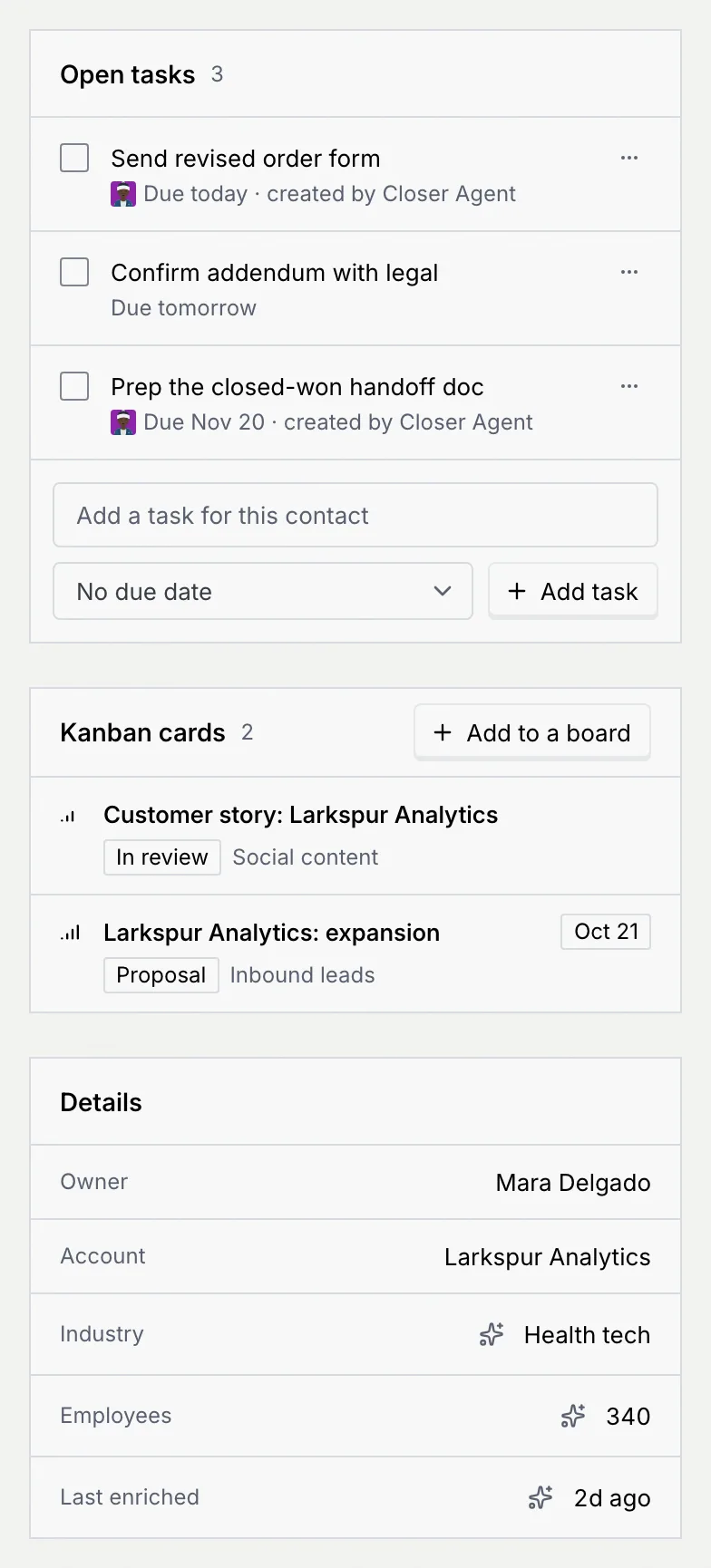 The side panels: Open tasks with three tasks and an Add task form, Kanban cards with two cards, and Details with Owner, Account, Industry, Employees and Last enriched