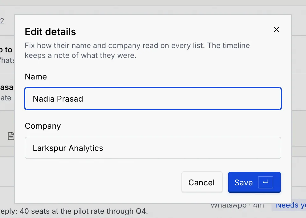 The Edit details dialog with Name Nadia Prasad and Company Larkspur Analytics, and Cancel and Save buttons