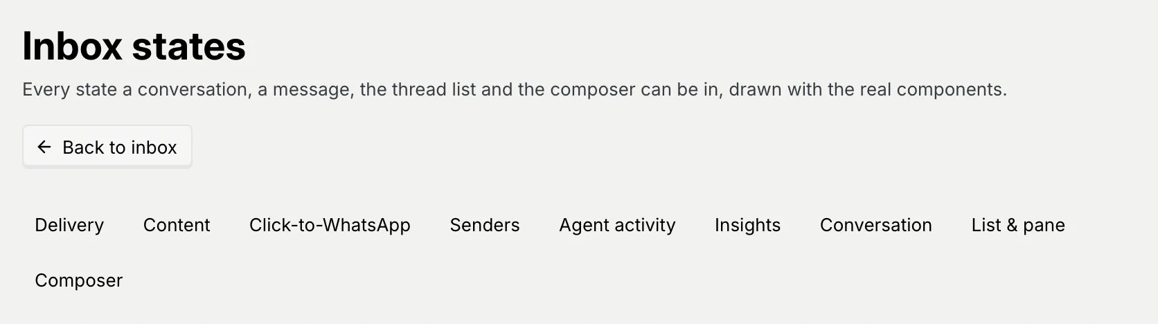 The Inbox states page: its title, the lead about every state drawn with the real components, Back to inbox, and the section links from Delivery to Composer