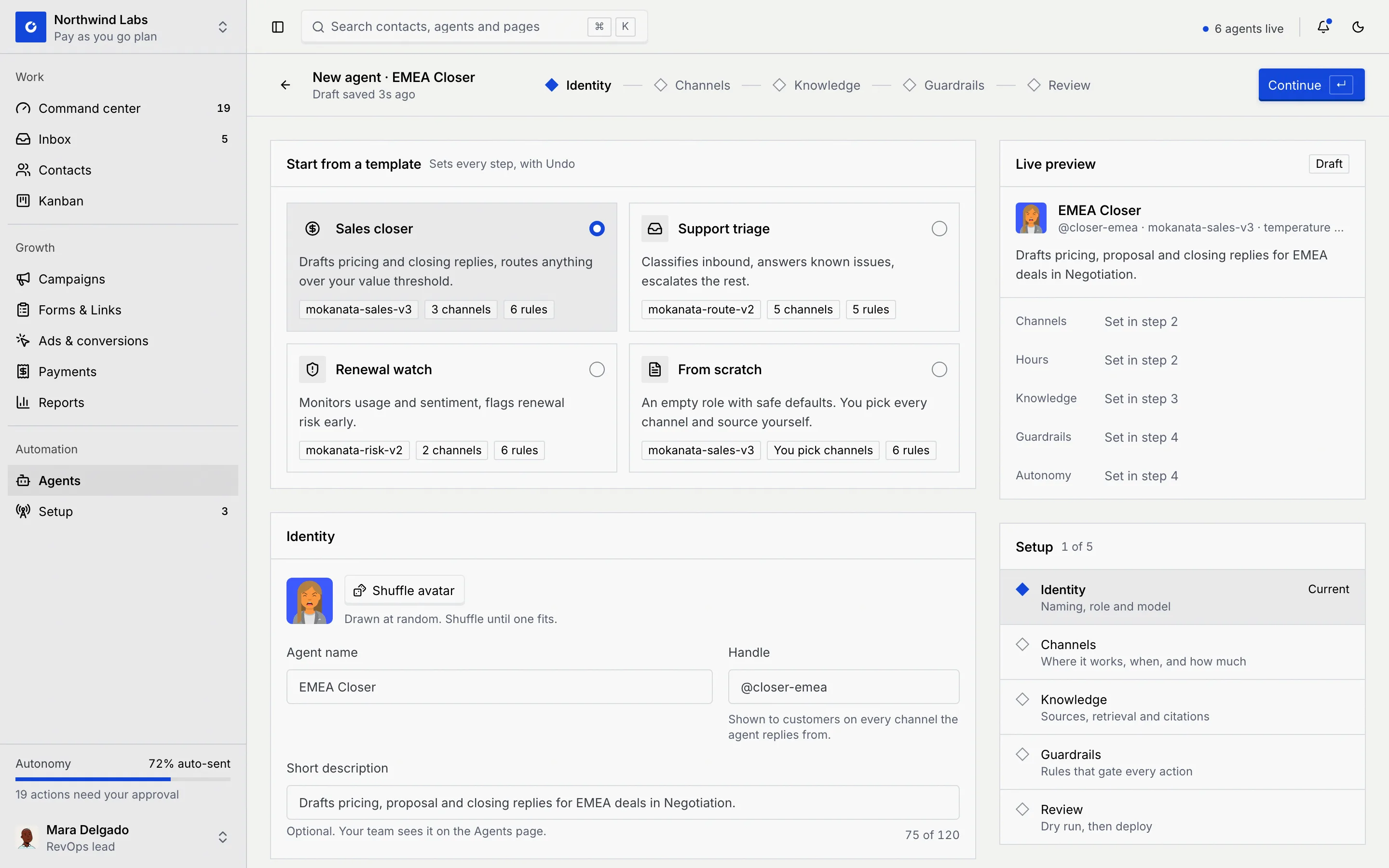 The New agent wizard on its Identity step, with the step bar Identity, Channels, Knowledge, Guardrails, Review at the top and the Live preview and Setup cards on the right
