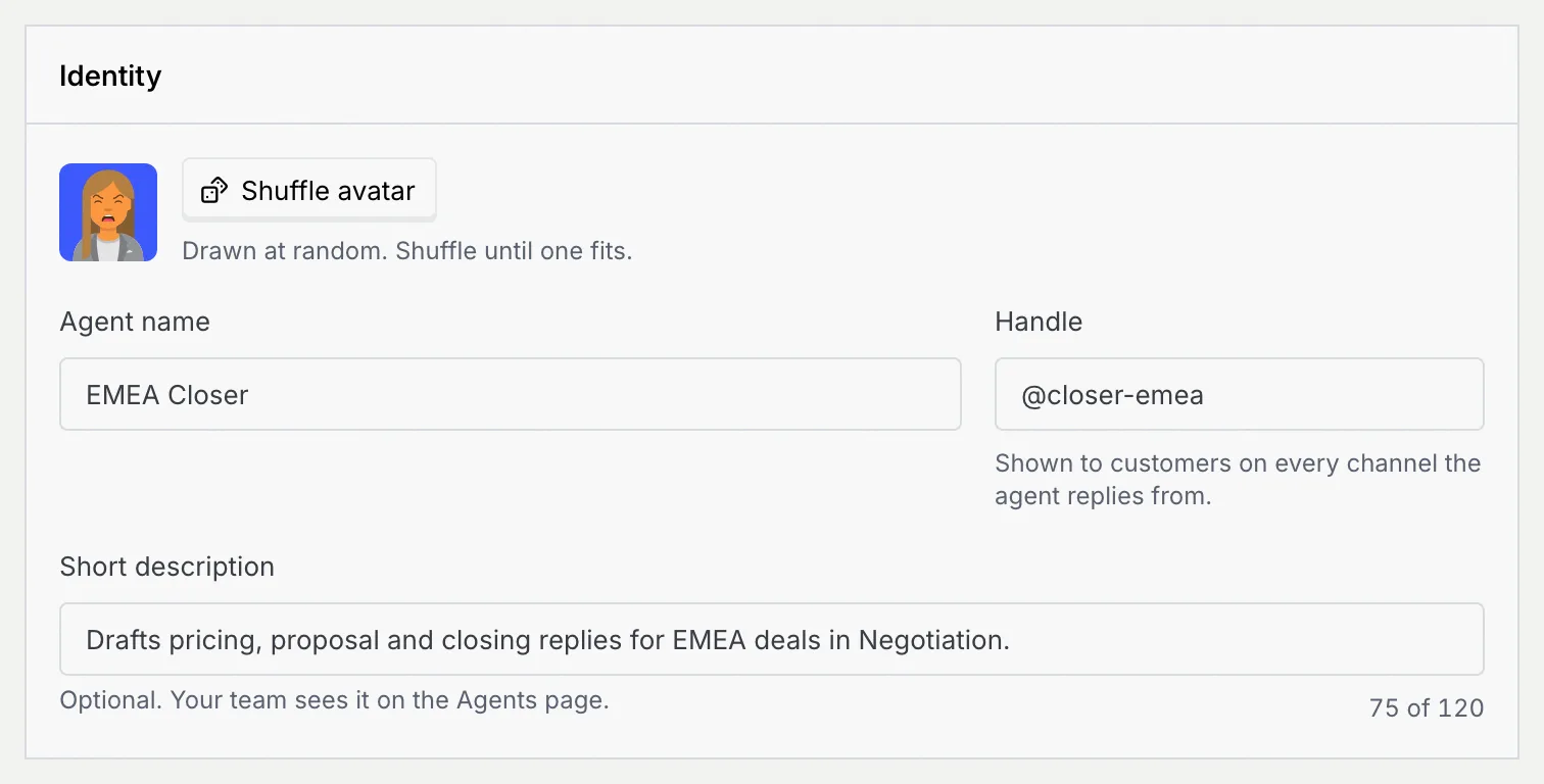 The Identity panel with the avatar, Shuffle avatar, Agent name EMEA Closer, Handle @closer-emea and a short description