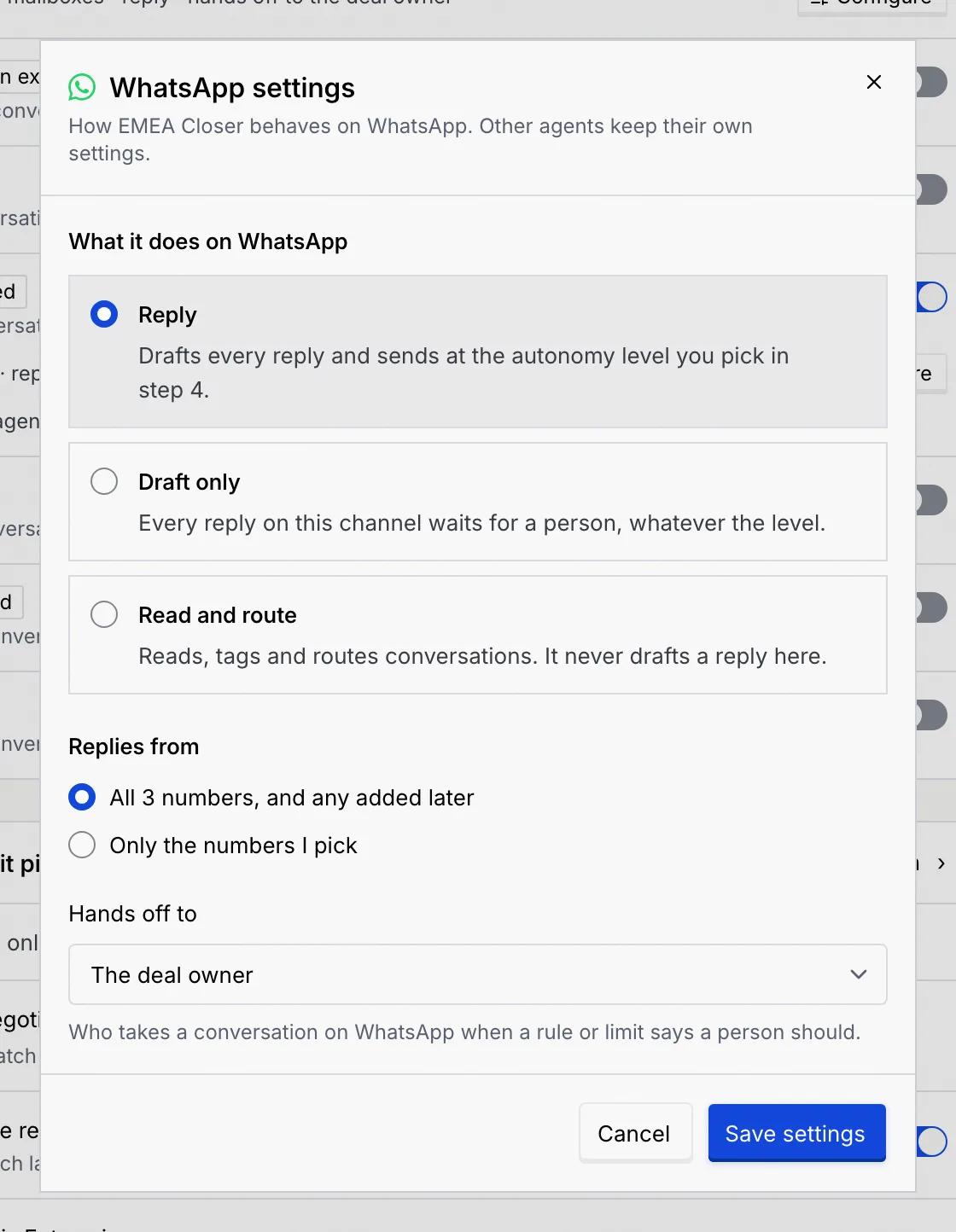 The WhatsApp settings dialog with Reply selected, Replies from All 3 numbers, and Hands off to The deal owner