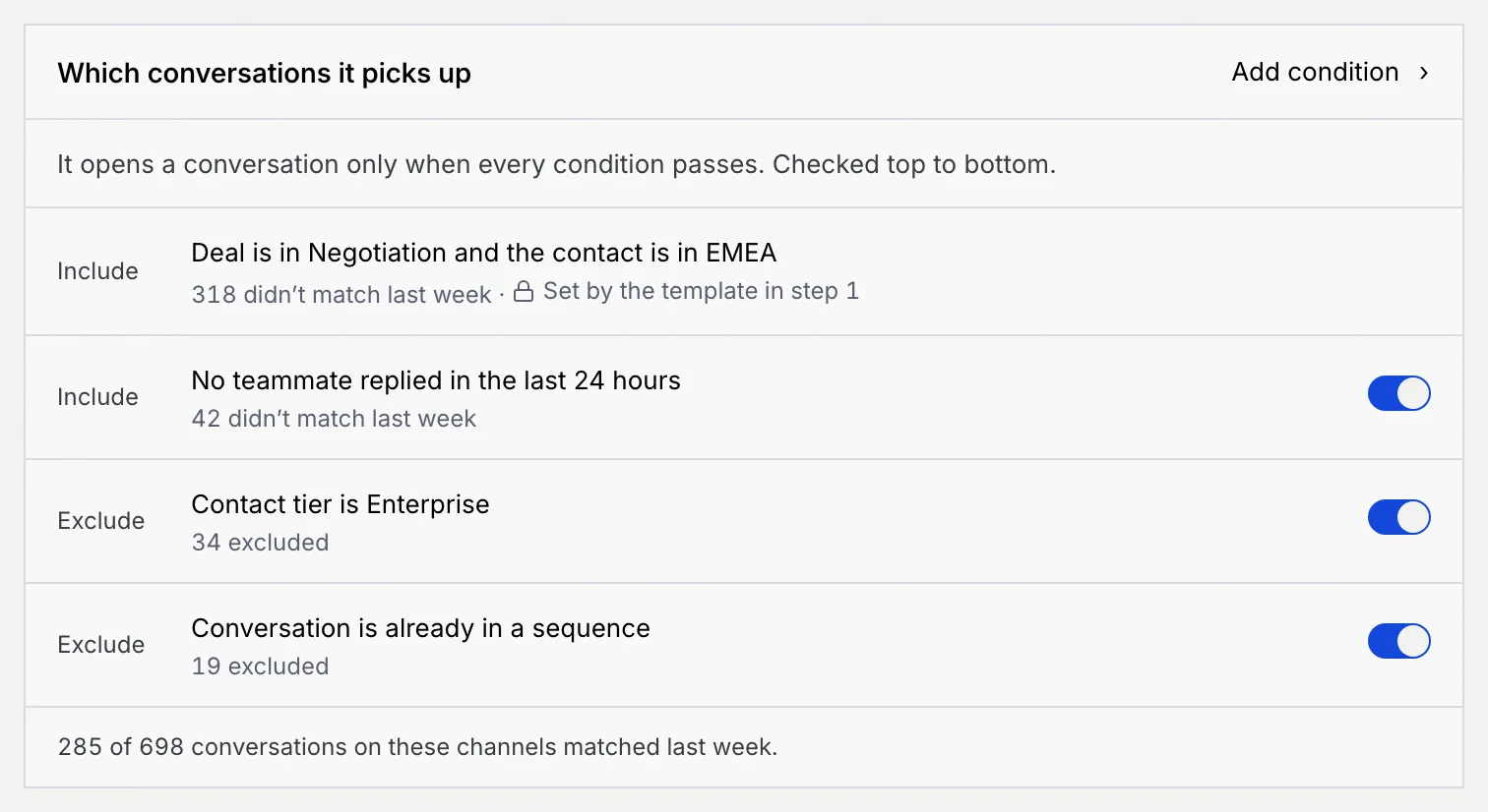 The Which conversations it picks up panel with an Include condition from the template and switches for No teammate replied in the last 24 hours, Contact tier is Enterprise and Conversation is already in a sequence