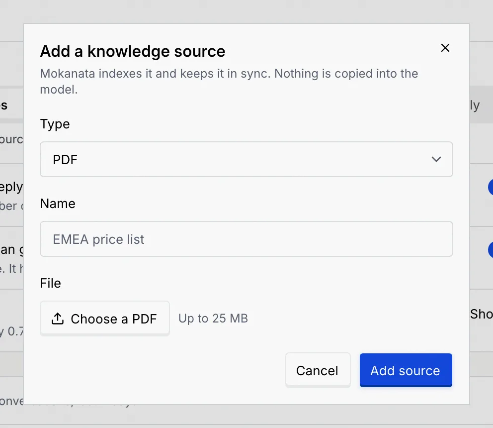The Add a knowledge source dialog set to PDF, with Name and a Choose a PDF button