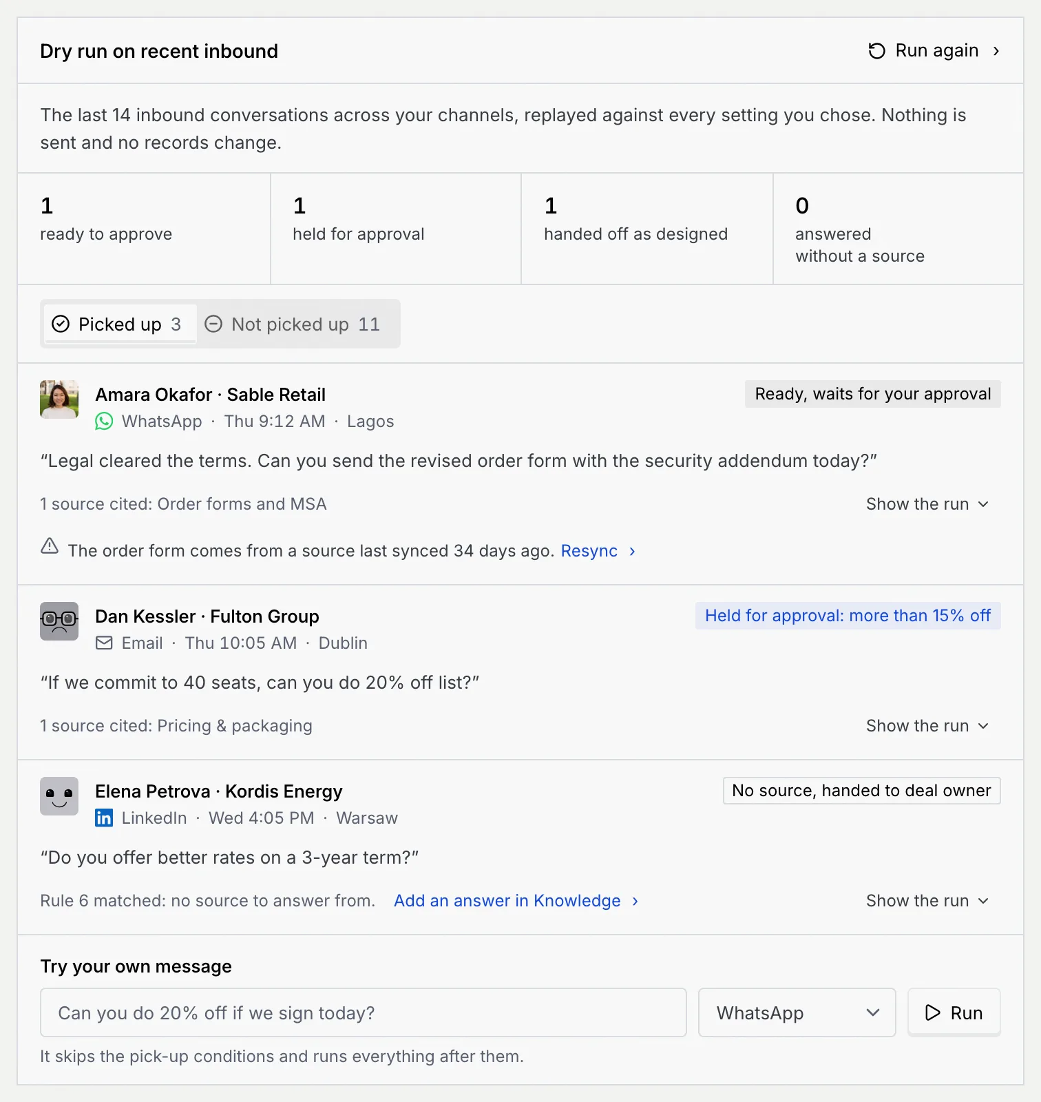 The Dry run on recent inbound panel with counts per outcome, three picked-up conversations with their outcomes, and Try your own message
