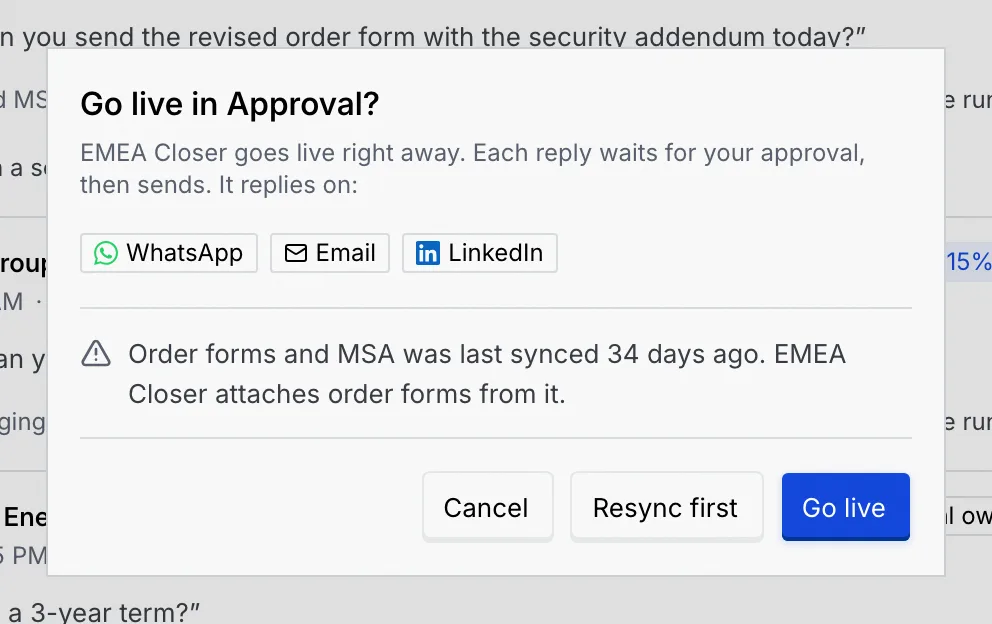 The Go live in Approval dialog listing the agent's three channels, a warning about a stale source, and Cancel, Resync first and Go live