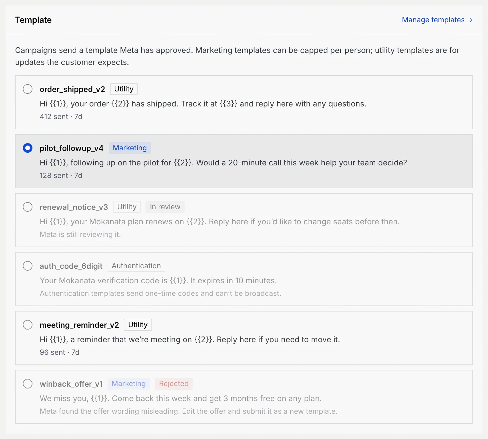 The Template panel listing approved, in review, authentication and rejected templates, with pilot_followup_v4 selected