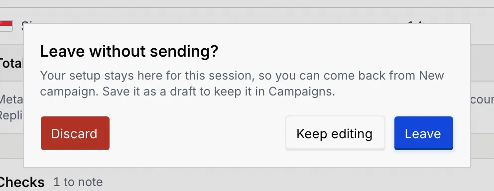 The Leave without sending dialog with Discard, Keep editing and Leave