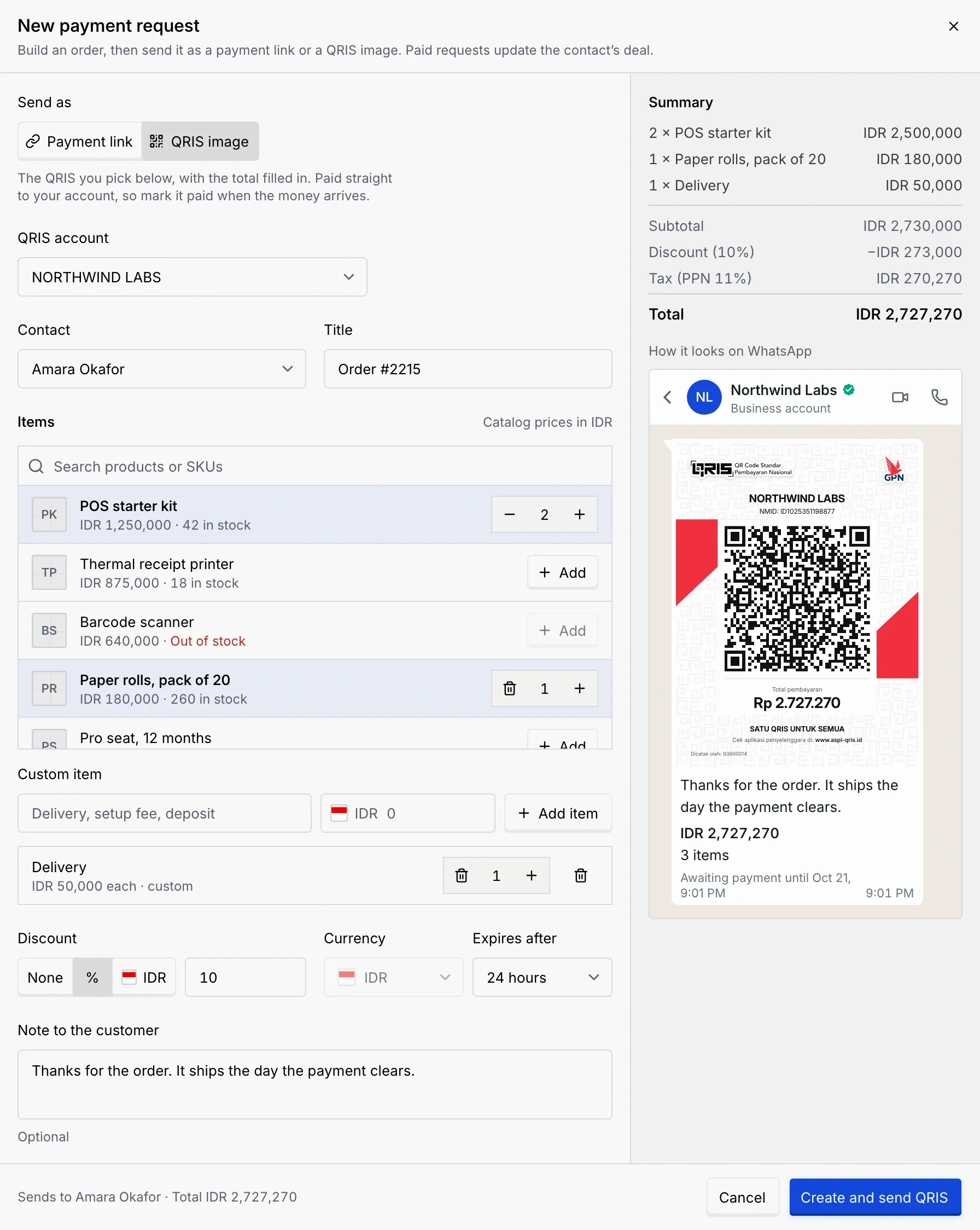The New payment request dialog set to QRIS image, with the QRIS account chosen and a preview of the QRIS card with the total filled in