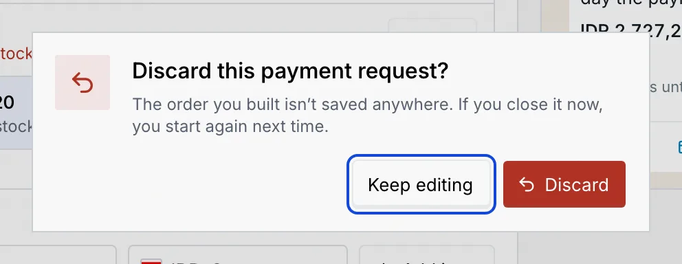 The Discard this payment request dialog with Keep editing and Discard