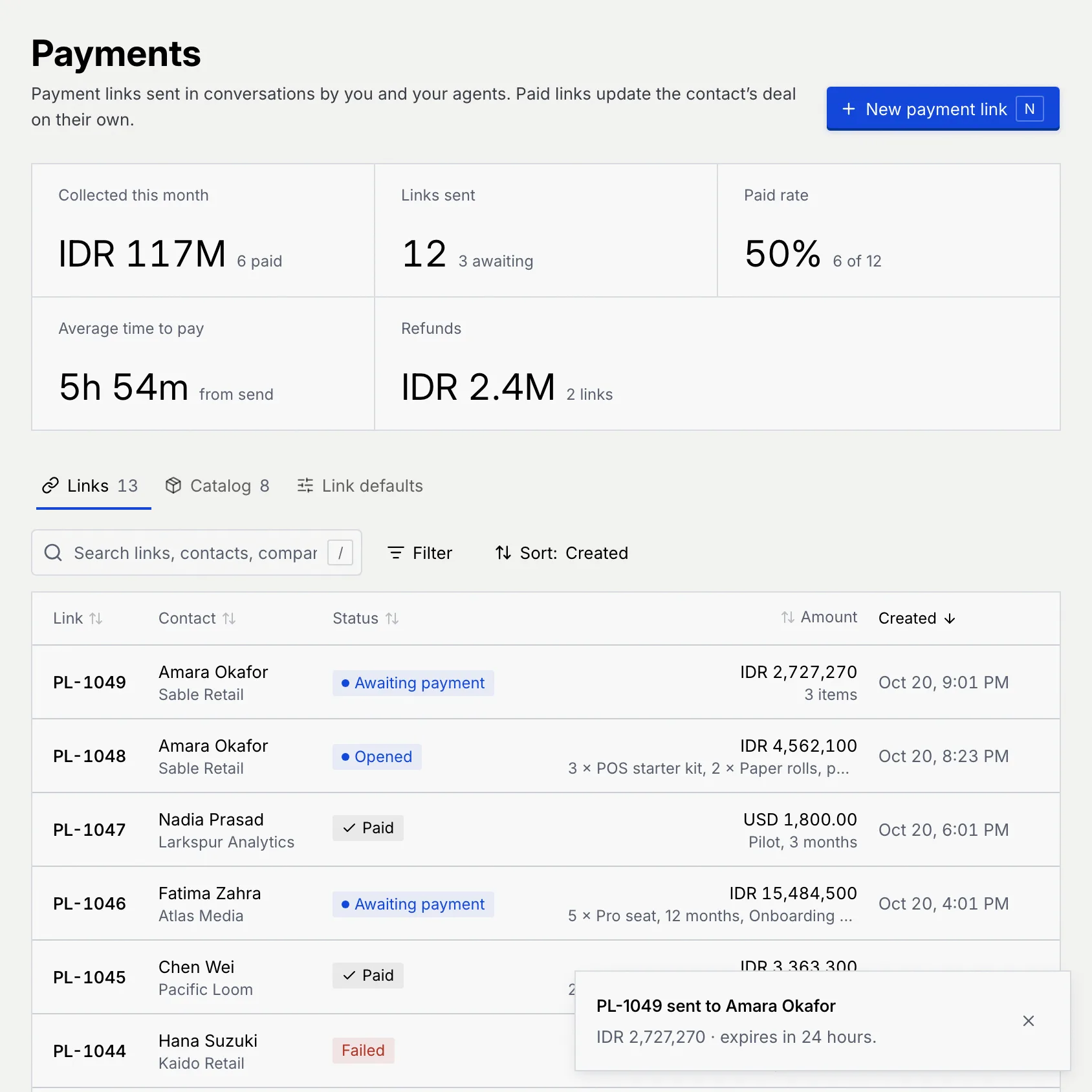 The Payments list with the new link PL-1049 for Amara Okafor at the top, awaiting payment, and the message PL-1049 sent to Amara Okafor