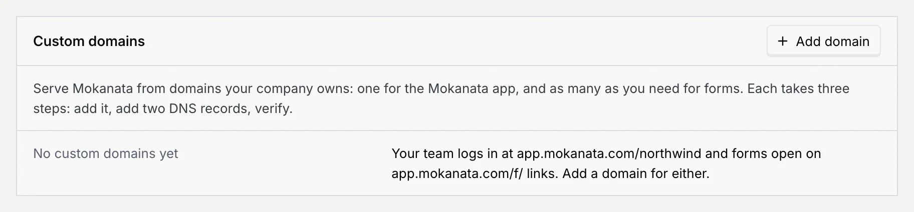 The Custom domains panel with no domains yet and the Add domain button
