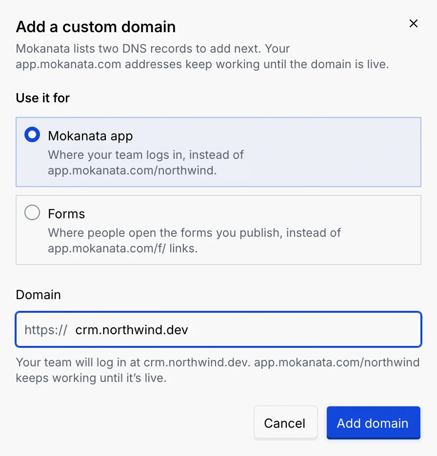 The Add a custom domain dialog with Mokanata app selected and crm.northwind.dev in the Domain field