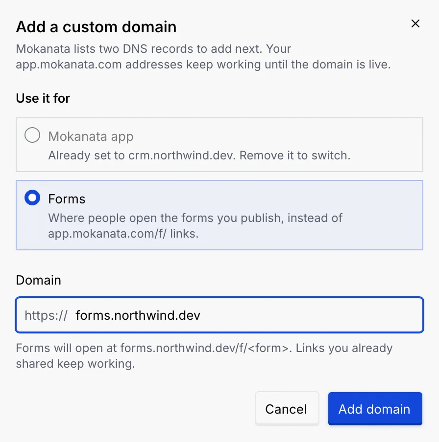 The Add a custom domain dialog with Mokanata app disabled because it's already set to crm.northwind.dev, and Forms selected for forms.northwind.dev