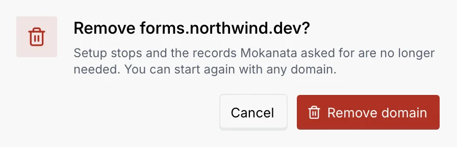 The Remove forms.northwind.dev? confirmation explaining that setup stops and the records are no longer needed