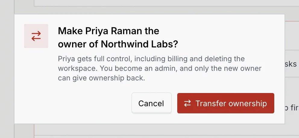 The Make Priya Raman the owner of Northwind Labs? dialog with Cancel and Transfer ownership