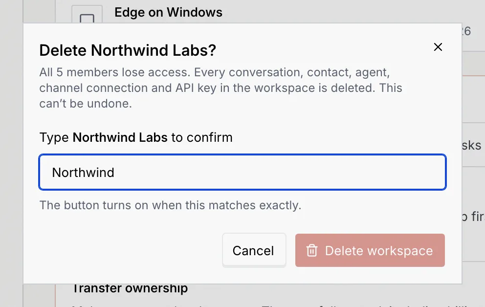 The Delete Northwind Labs? dialog with Northwind typed, the hint The button turns on when this matches exactly, and the Delete workspace button still off