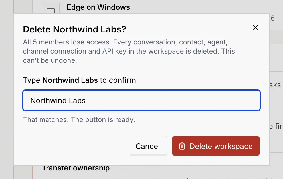 The same dialog with Northwind Labs typed, That matches. The button is ready, and the red Delete workspace button turned on