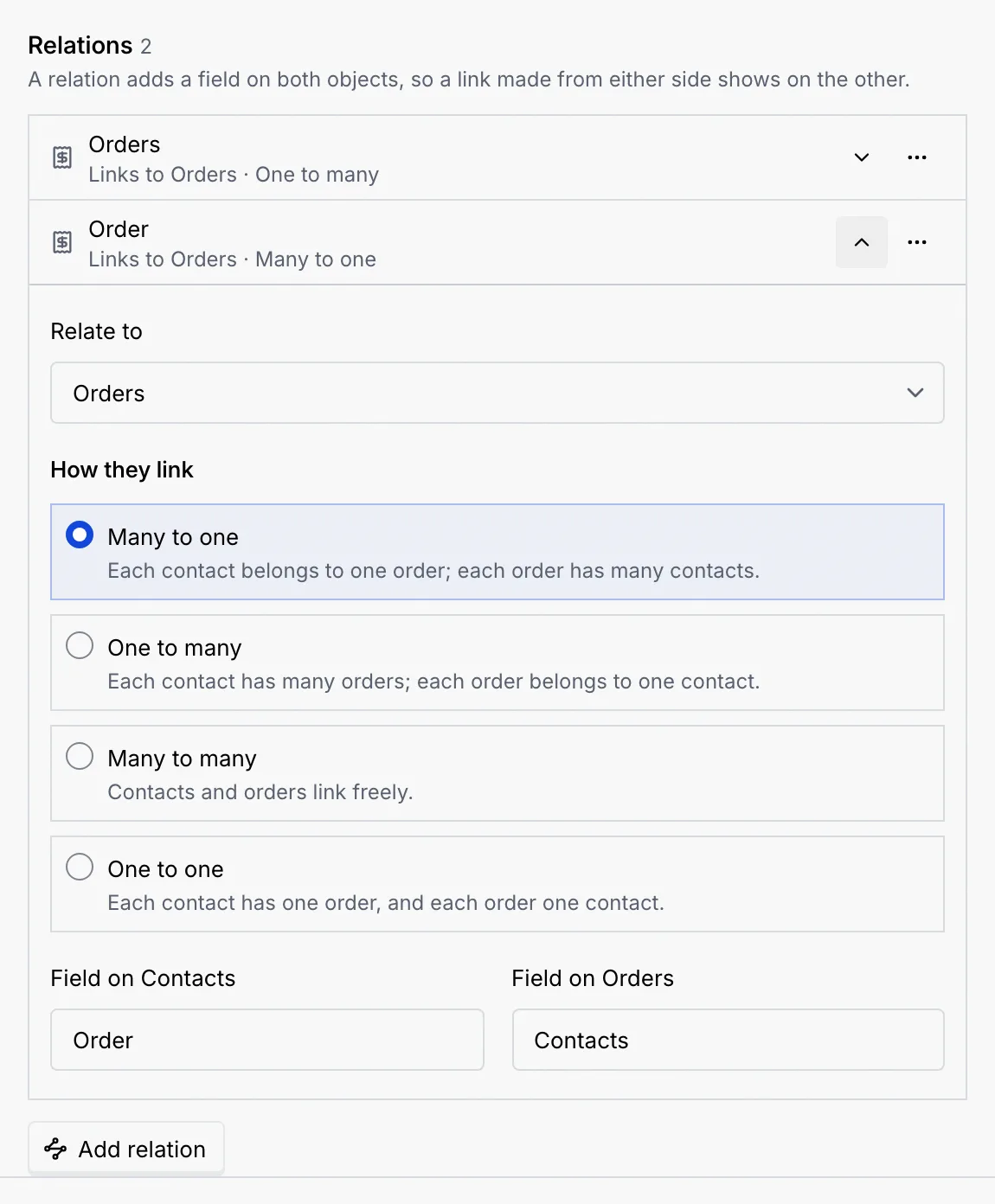 The Contacts sheet with a new relation to Orders set to Many to one, with Order as the field on Contacts and Contacts as the field on Orders