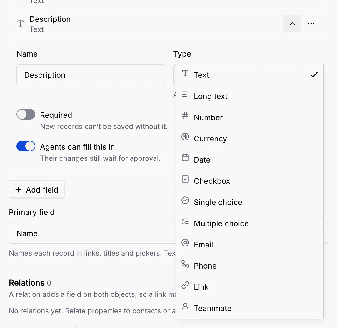 The Type list of a new field, showing Text, Long text, Number, Currency, Date, Checkbox, Single choice, Multiple choice, Email, Phone, Link and Teammate