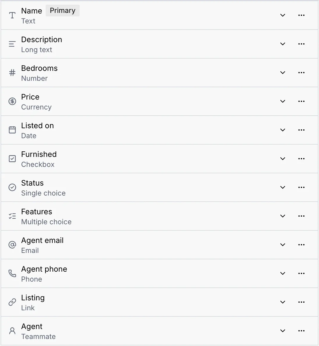 An object's field list with one field of every type, from Name (Text, Primary) to Agent (Teammate)
