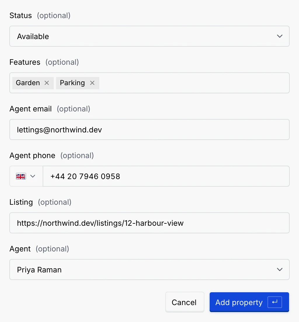 The lower part of the New property dialog, with a Single choice set to Available, a Multiple choice with Garden and Parking, an email, a phone number with a country picker, a link and a teammate