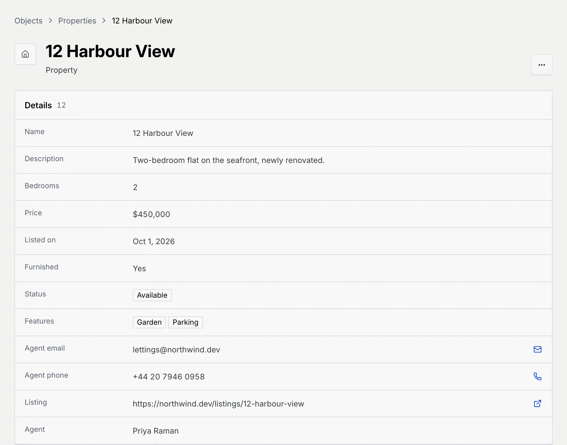 A record page whose Details list one value of every type: text, long text, a number, $450,000, a date, Yes, a badge, two badges, email, phone and link with their buttons, and a teammate