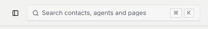 The left of the top bar: the sidebar button and the search box Search contacts, agents and pages with the ⌘ K keys
