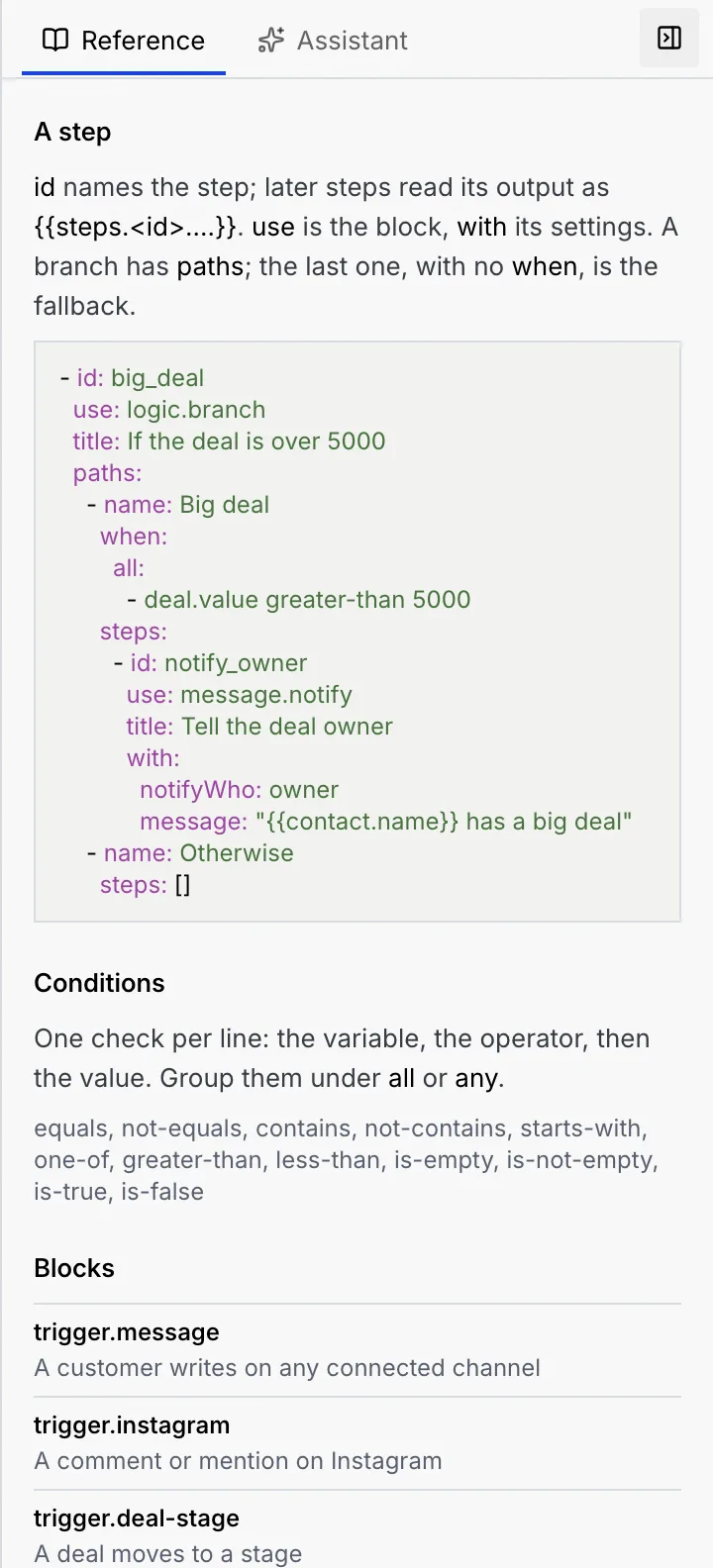 The Reference tab: A step, with an example If / else in YAML, Conditions with the operator list, and the start of the Blocks list with trigger.message, trigger.instagram and trigger.deal-stage