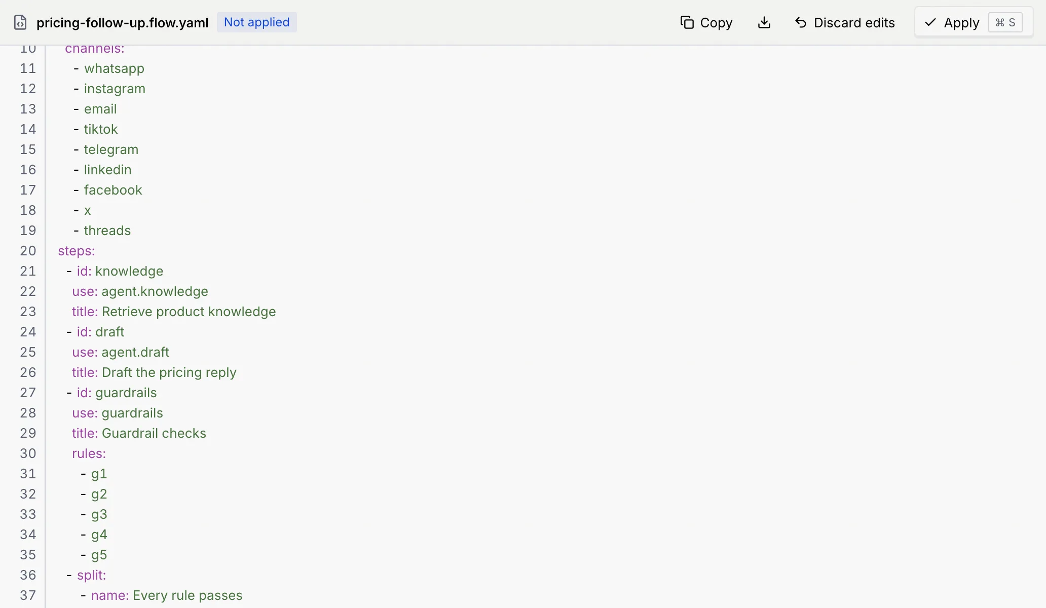 The Code view after an edit: pricing-follow-up.flow.yaml marked Not applied, with Copy, Download, Discard edits and Apply, and line 26 changed to title: Draft the pricing reply