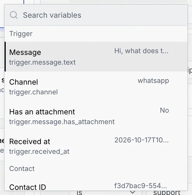 The field picker: Search variables, then the Trigger group with Message, Channel, Has an attachment and Received at, each with its path and a sample value