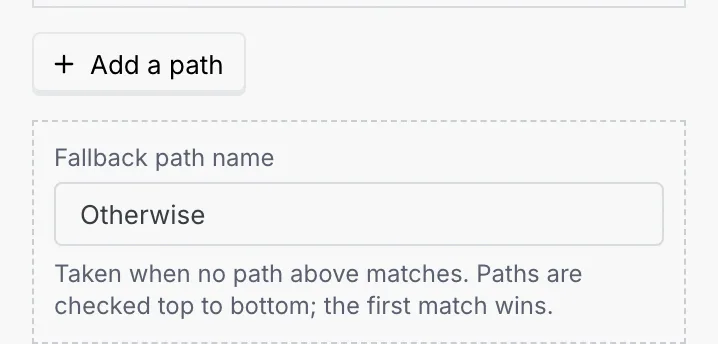 The bottom of the Paths section: Add a path, then the fallback path named Otherwise, taken when no path above matches