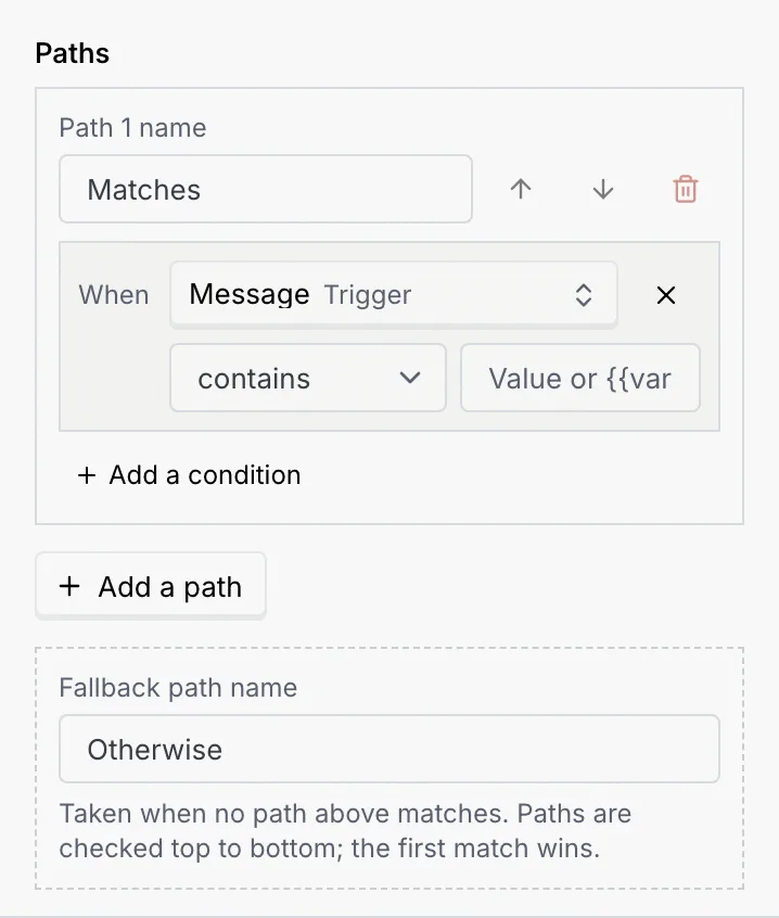 The Paths section of a new If / else: path 1 Matches with the condition When Message contains, an empty value, Add a condition, Add a path, and the fallback path Otherwise