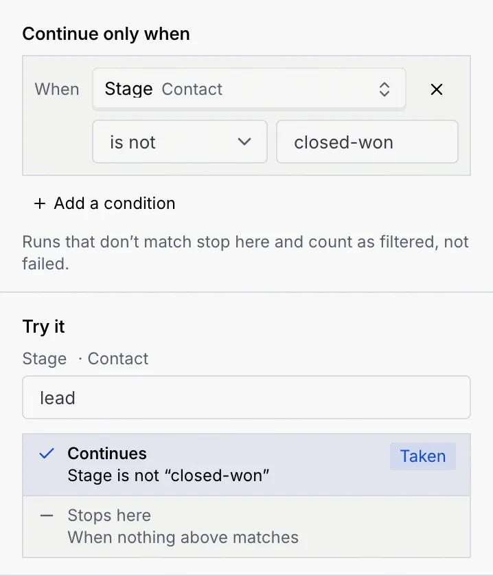 A Filter's settings: Continue only when Stage (Contact) is not closed-won, and Try it with Stage set to lead, showing Continues as taken