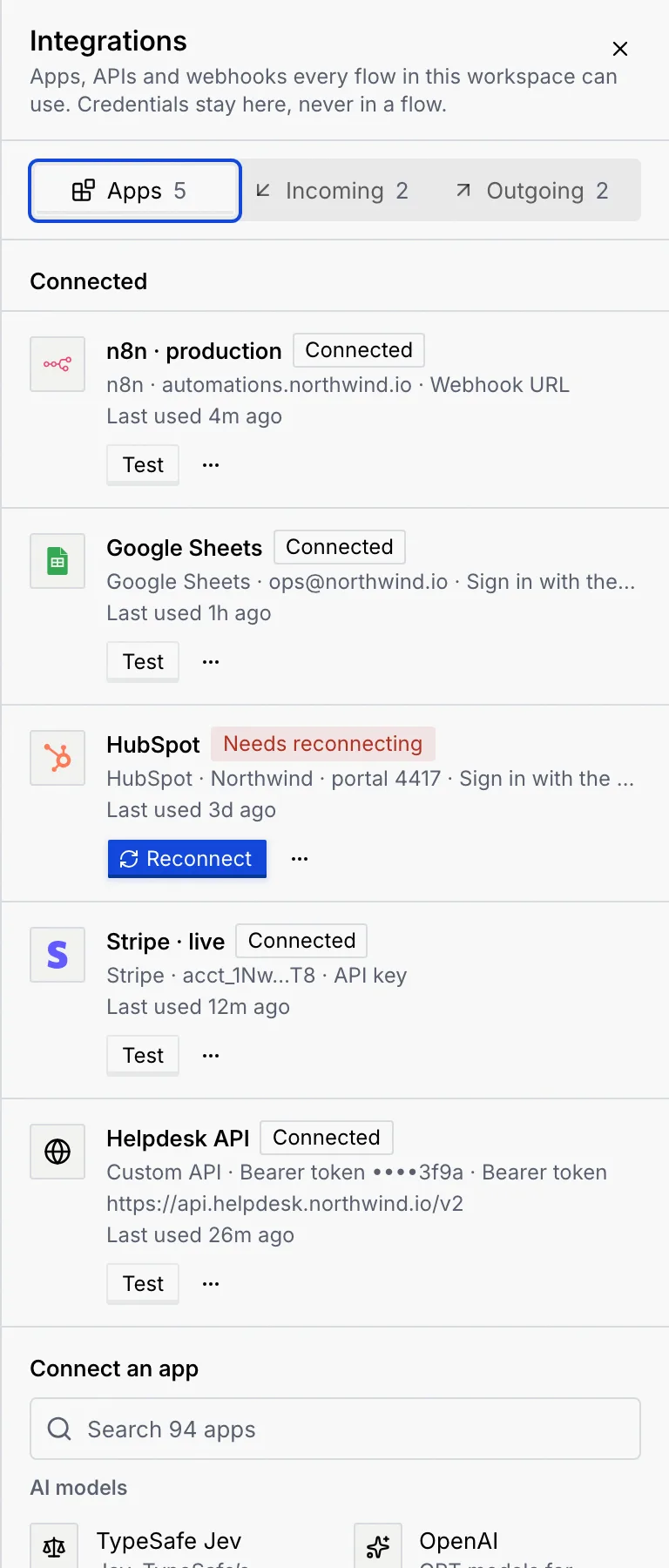 The Integrations sheet on its Apps tab: n8n · production, Google Sheets, HubSpot marked Needs reconnecting, Stripe · live and Helpdesk API, each with Test and a menu, then Connect an app with Search 94 apps