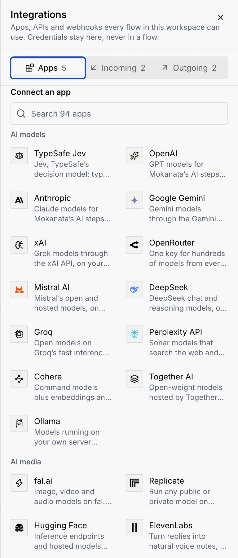 Connect an app: Search 94 apps, then the AI models category with TypeSafe Jev, OpenAI, Anthropic, Google Gemini, xAI, OpenRouter and more, and the AI media category below