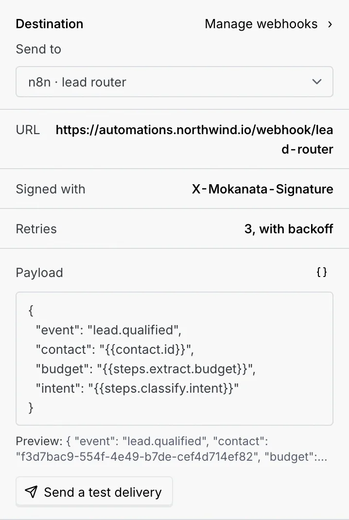 A Send webhook step: Send to n8n · lead router, its URL, Signed with X-Mokanata-Signature, Retries 3 with backoff, a JSON payload with the event, contact, budget and intent, a preview, and Send a test delivery