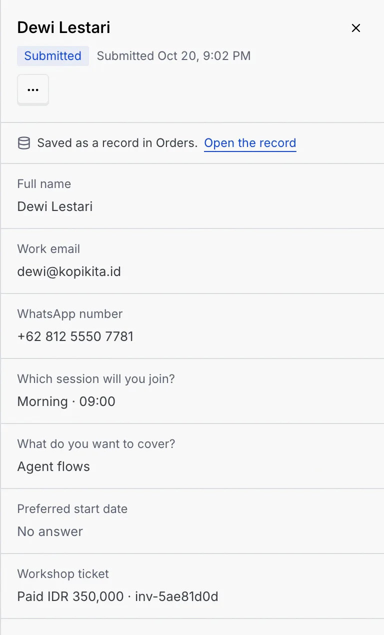 A response from Dewi Lestari with the line Saved as a record in Orders. and the Open the record link above her answers