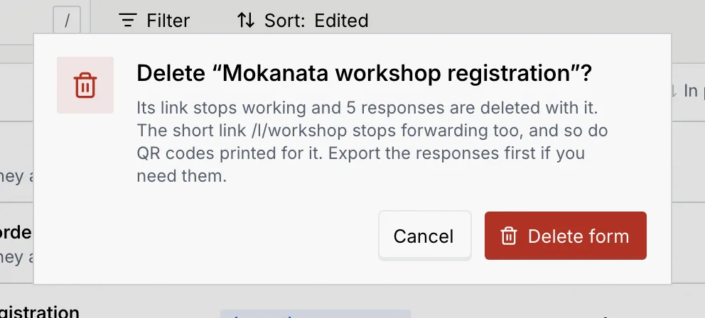 The Delete "Mokanata workshop registration"? dialog saying its link stops working, 5 responses are deleted, and the short link /l/workshop stops forwarding too