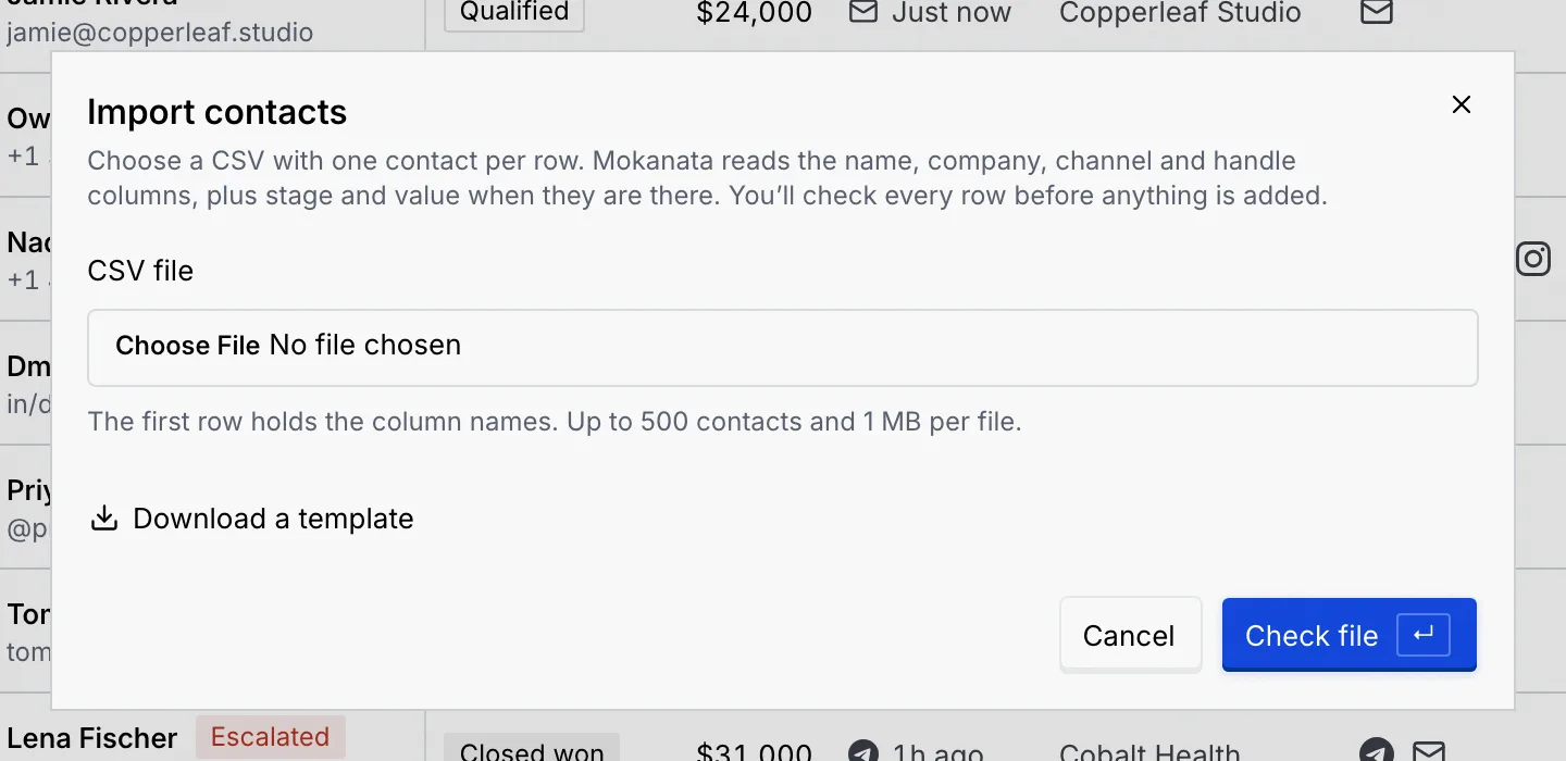 The Import contacts dialog with a CSV file field, the hint about up to 500 contacts and 1 MB, Download a template, and Cancel and Check file buttons