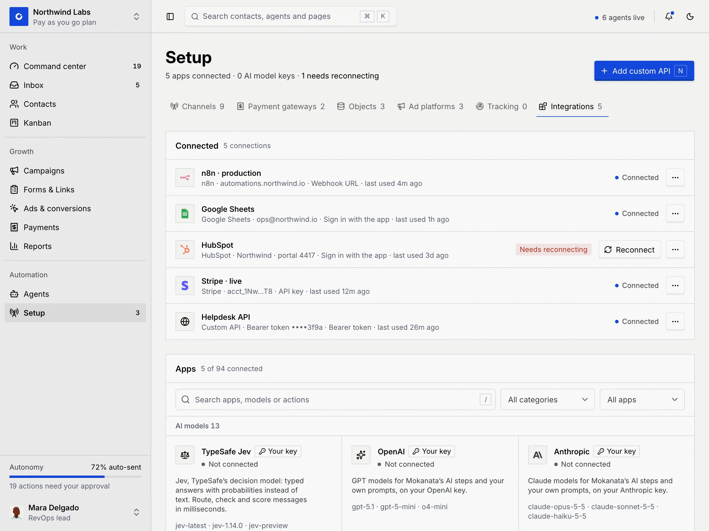Setup on the Integrations tab: Add custom API with its N shortcut, the Connected panel with five connections (HubSpot needs reconnecting), and the Apps catalogue starting with AI models